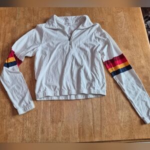 EUC Full Tilt White Quarter-Zip Cropped Pullover with Striped Sleeves